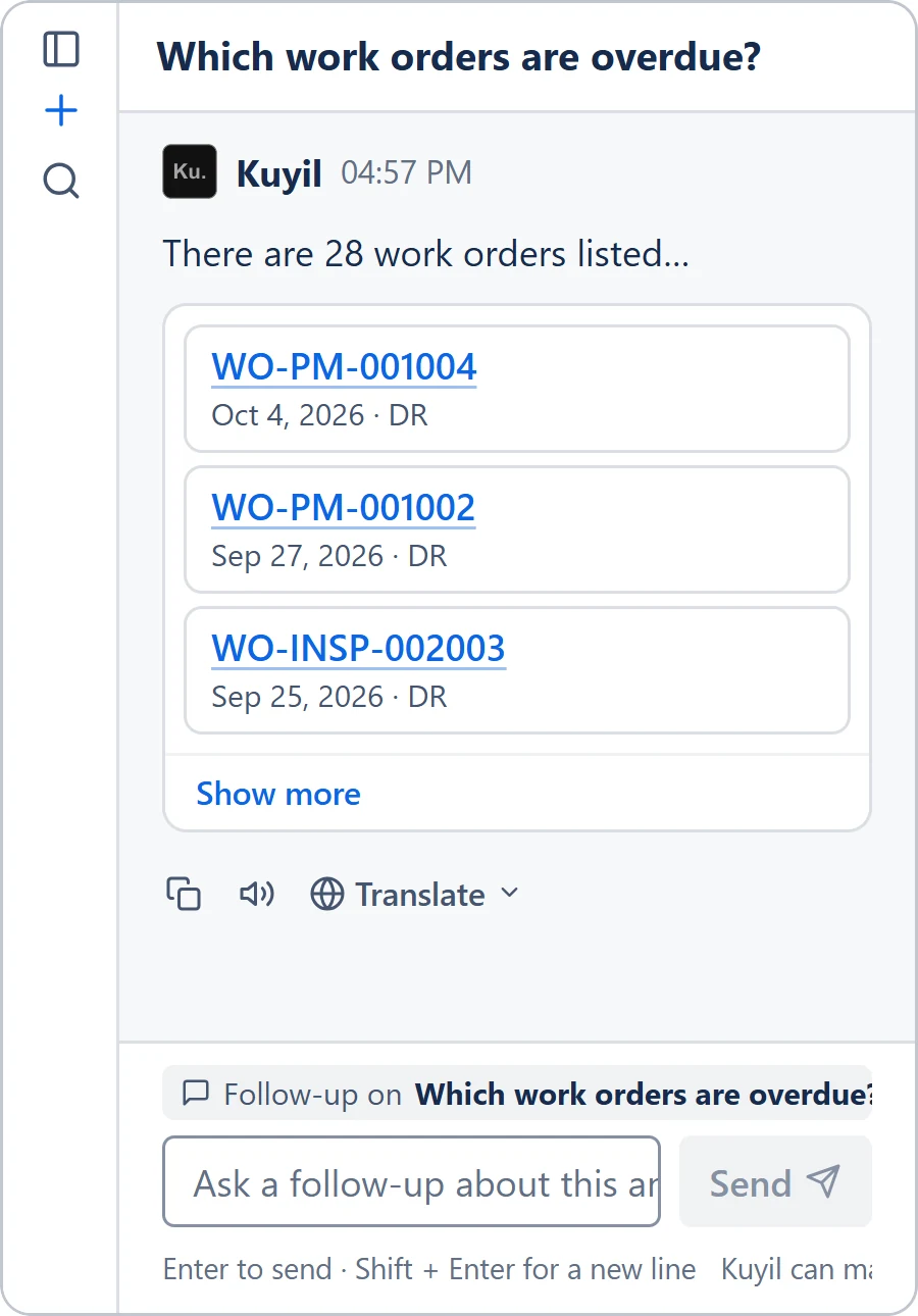 Narrow window after: an icon rail, then the answer with one card per work order, Show more, and the full message box.