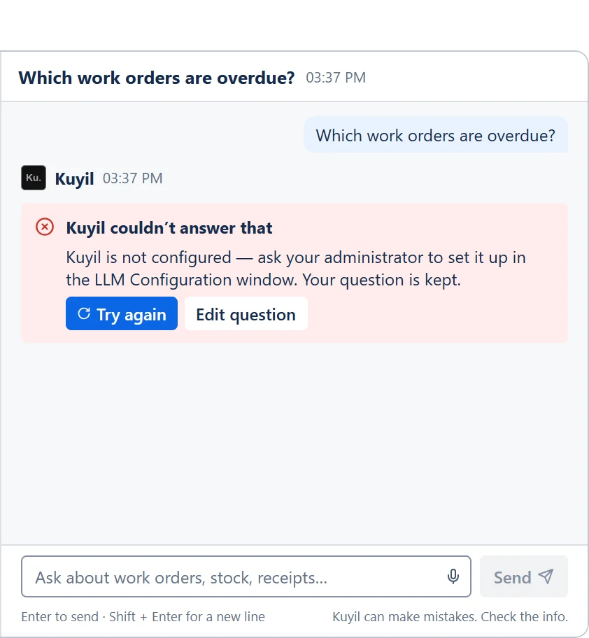 Failed answer after: “Kuyil couldn't answer that” with the reason, Try again and Edit question.