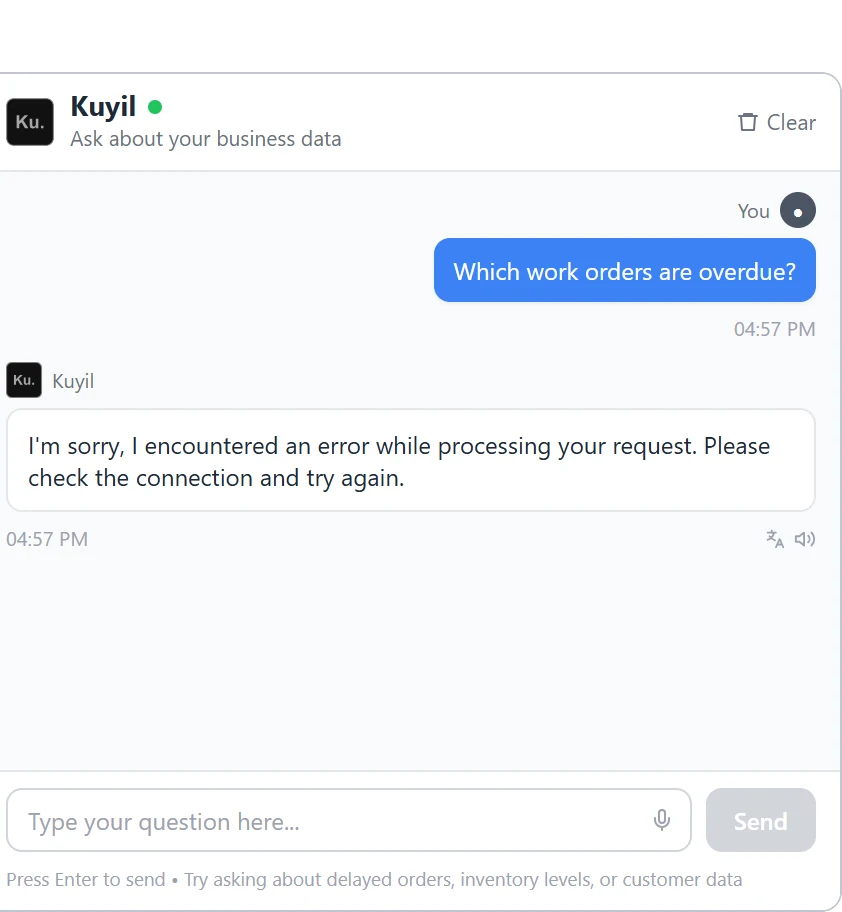 Failed answer before: a generic apology asking the user to check the connection.
