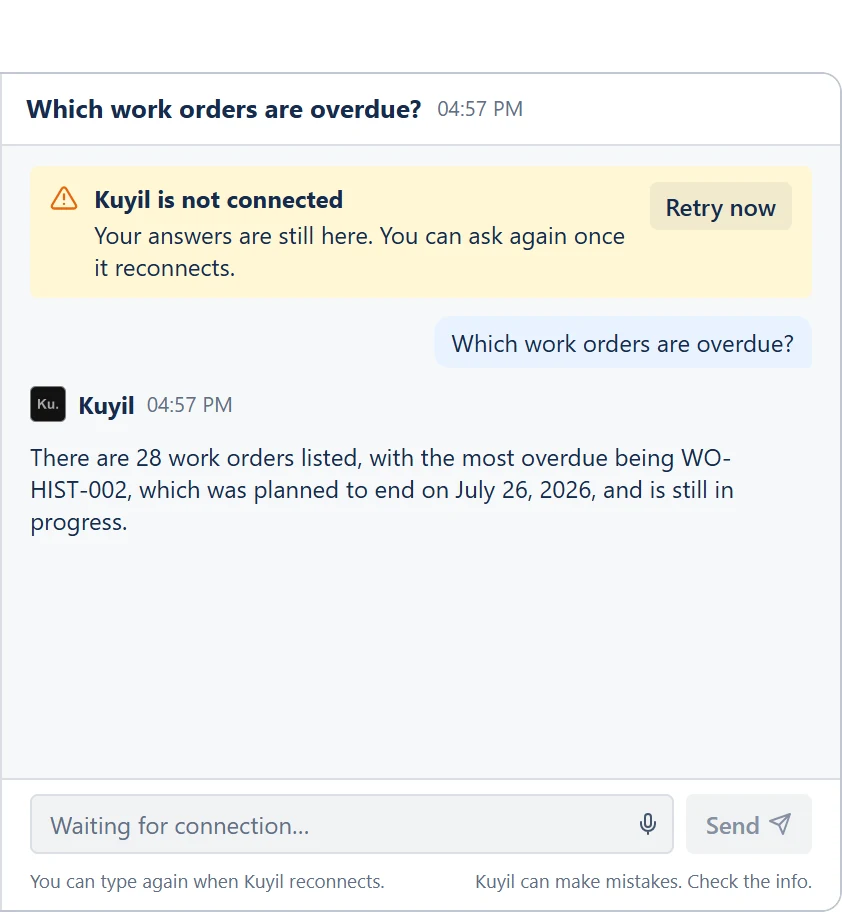 Offline after: an amber banner “Kuyil is not connected” with Retry now, the earlier answer still readable, and the message box reading “Waiting for connection…”.