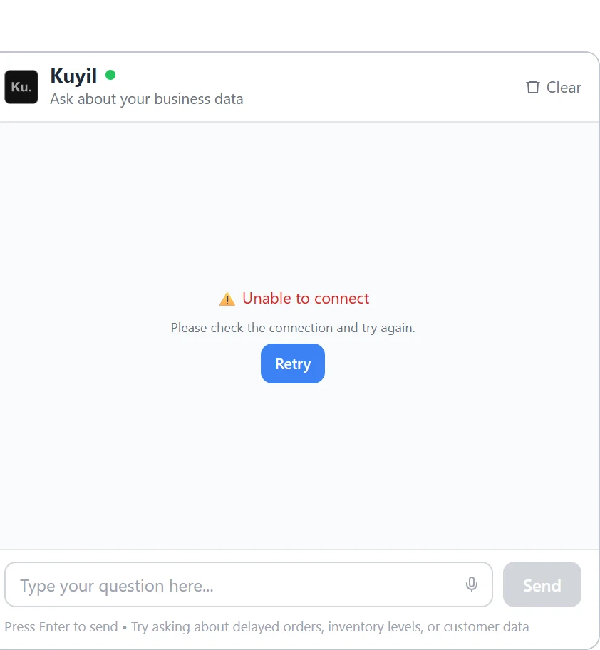 Offline before: the header's green dot still on while the empty screen says Unable to connect, with a Retry button.