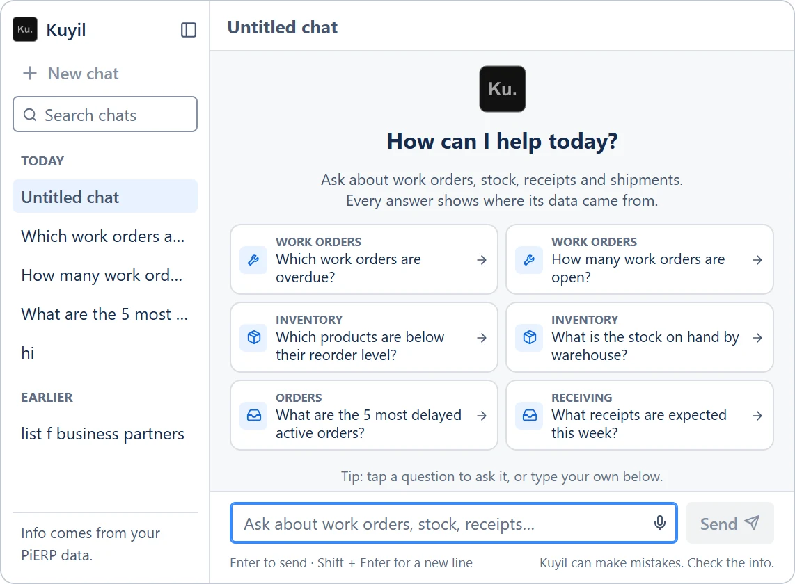 Start screen after: “How can I help today?” with six suggested questions grouped by work orders, inventory, orders and receiving, an Untitled chat in the sidebar, and the shared design tokens.