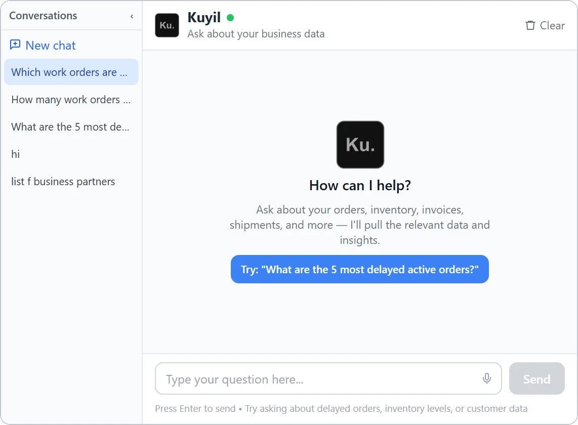 Start screen before: a logo, “How can I help?” and one suggested question in a blue pill, with a green status dot and a Clear button.