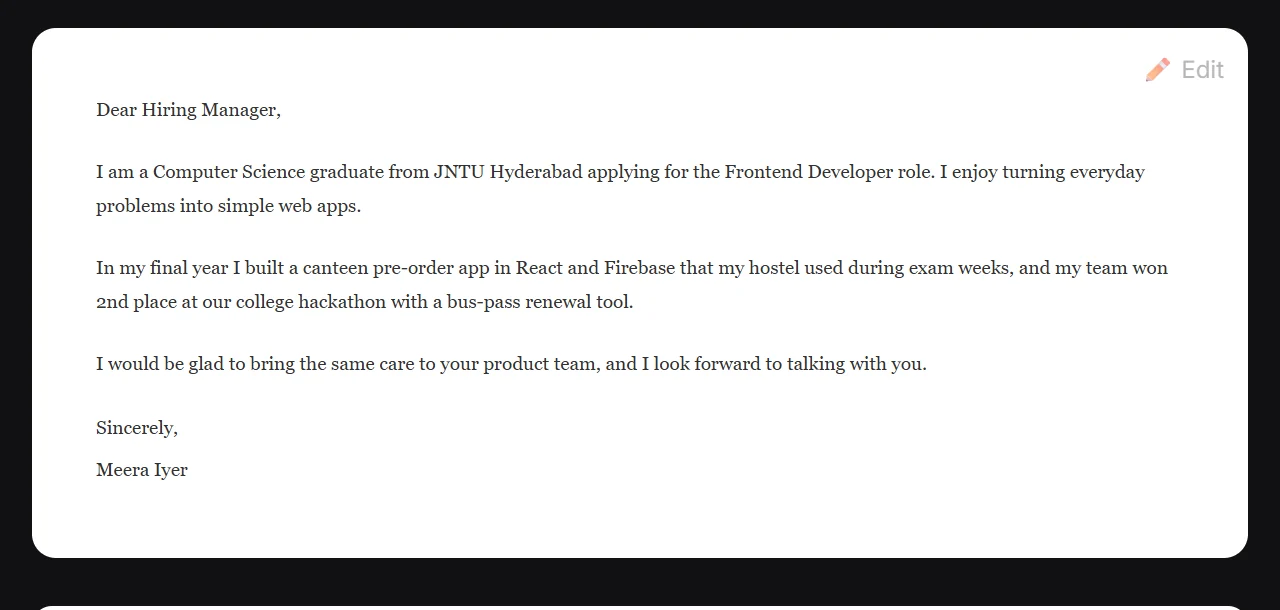Cover Letter tab: a three-paragraph letter addressed to the Hiring Manager from the fictional candidate.