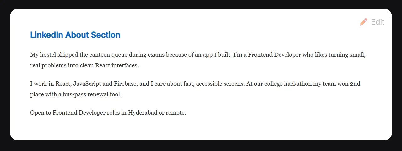 LinkedIn About tab: a first-person profile summary that opens with a project the candidate built.