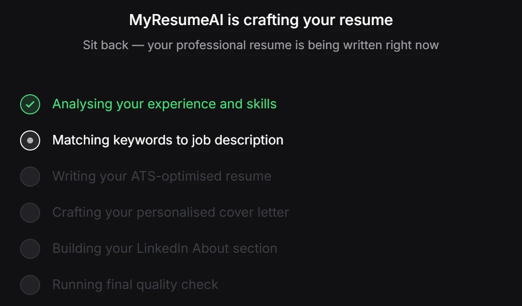 Loading screen: “MyResumeAI is crafting your resume”, with six steps from Analysing your experience to Running final quality check, the first ticked and the second in progress.