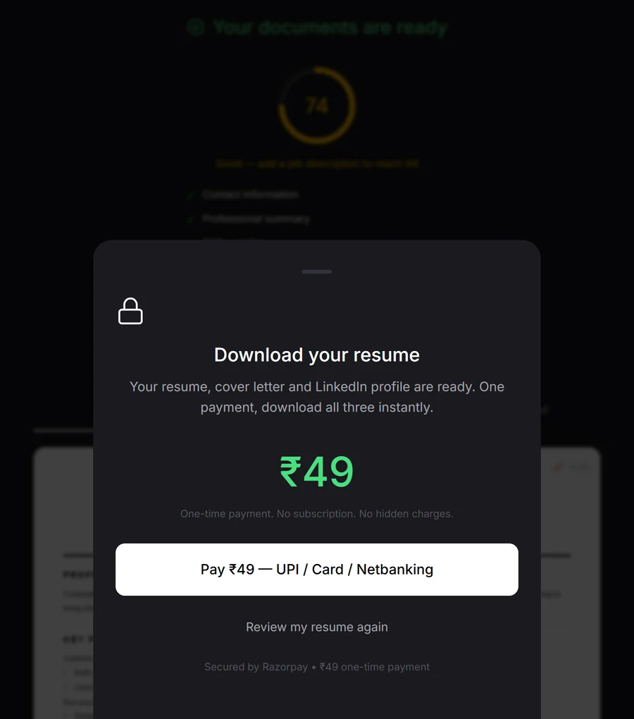 Payment drawer over the dimmed results: “Download your resume”, ₹49 one-time, a Pay button for UPI, card or netbanking, and Review my resume again.