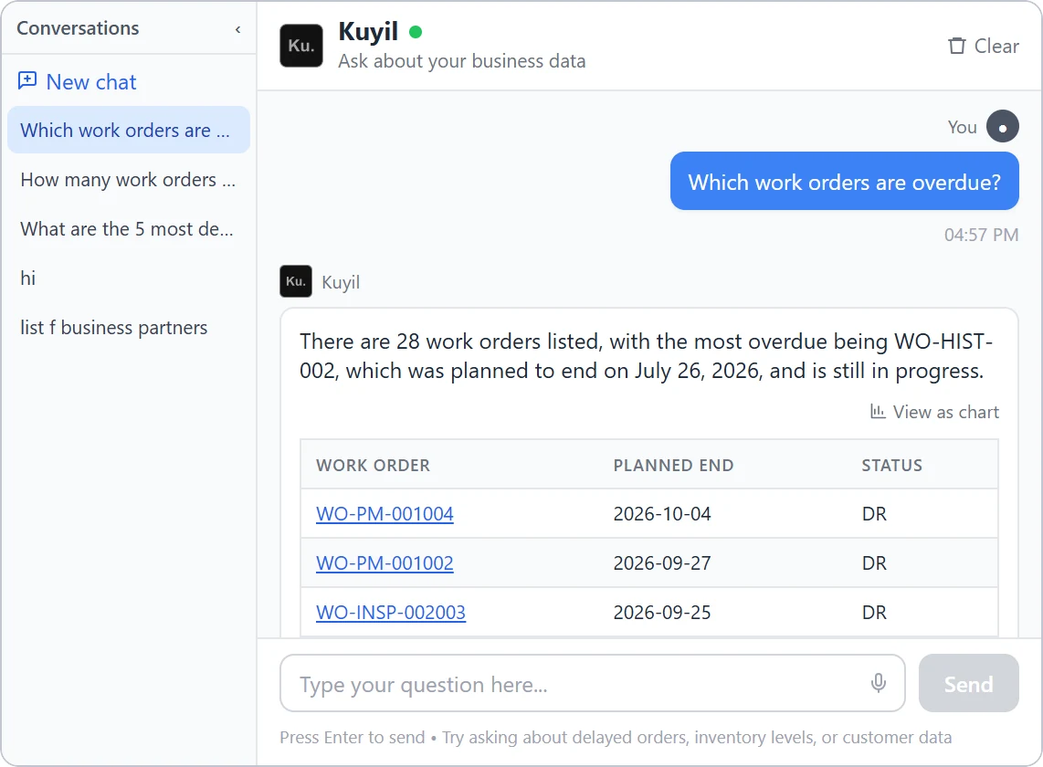 Kuyil before: a chat answer with a plain table, raw dates and status codes, a Clear button with a trash icon and an always-green status dot.