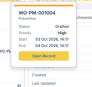 Calendar popup after: an amber Open Record button with dark text, and status shown as Drafted.