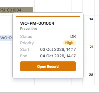 Calendar popup before: an amber Open Record button with white text, and status shown as DR.