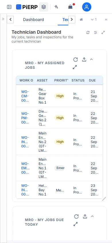 Technician dashboard at phone width with the fix: a readable Technician Dashboard heading and a jobs table with priority lozenges.