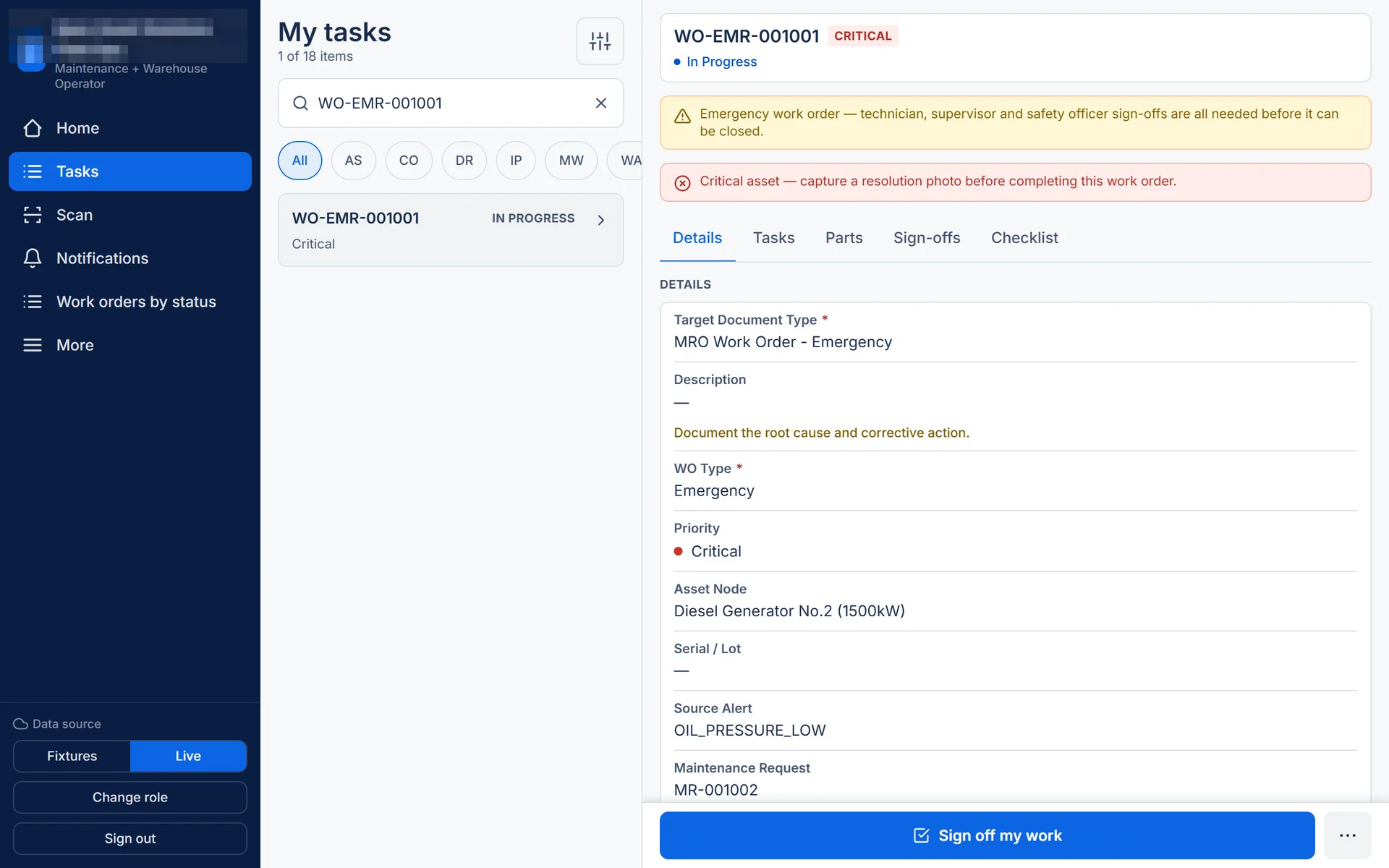PiGo on desktop: navy side navigation, a filtered task list and the work order detail with warning banners and a Sign off my work button; tenant name masked.