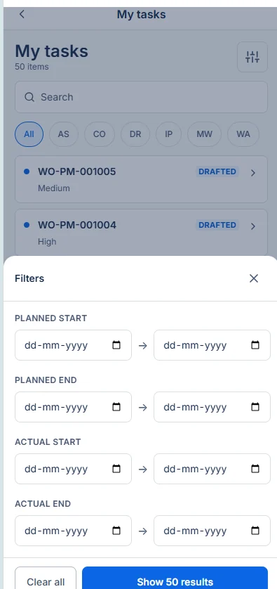Filter sheet before: eight empty date boxes under four capitalized headings.