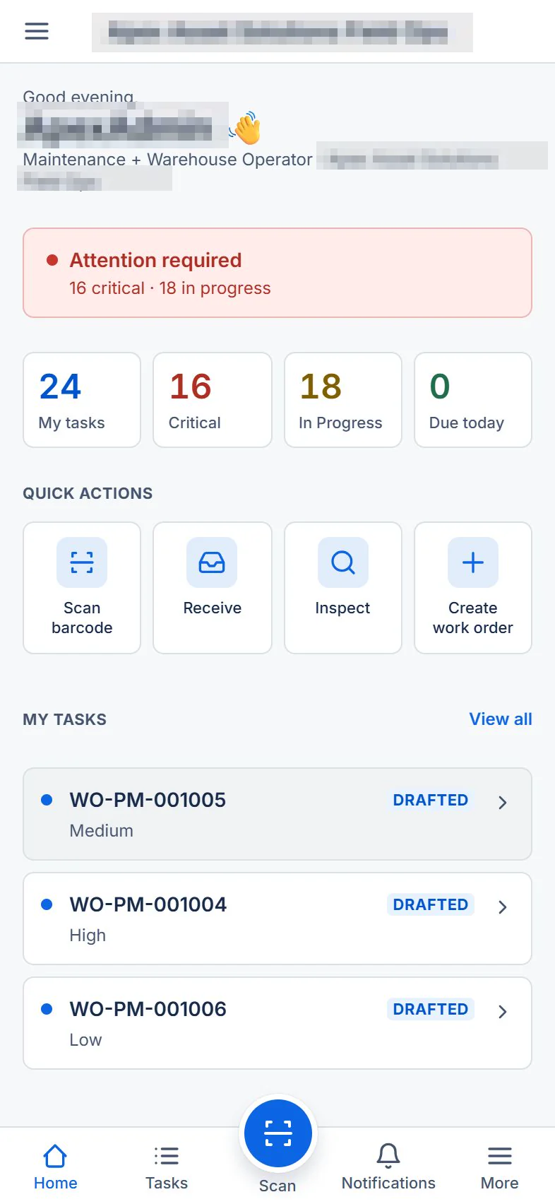 Maintenance home after: four quick actions, Scan barcode, Receive, Inspect and Create work order; tenant and user names masked.