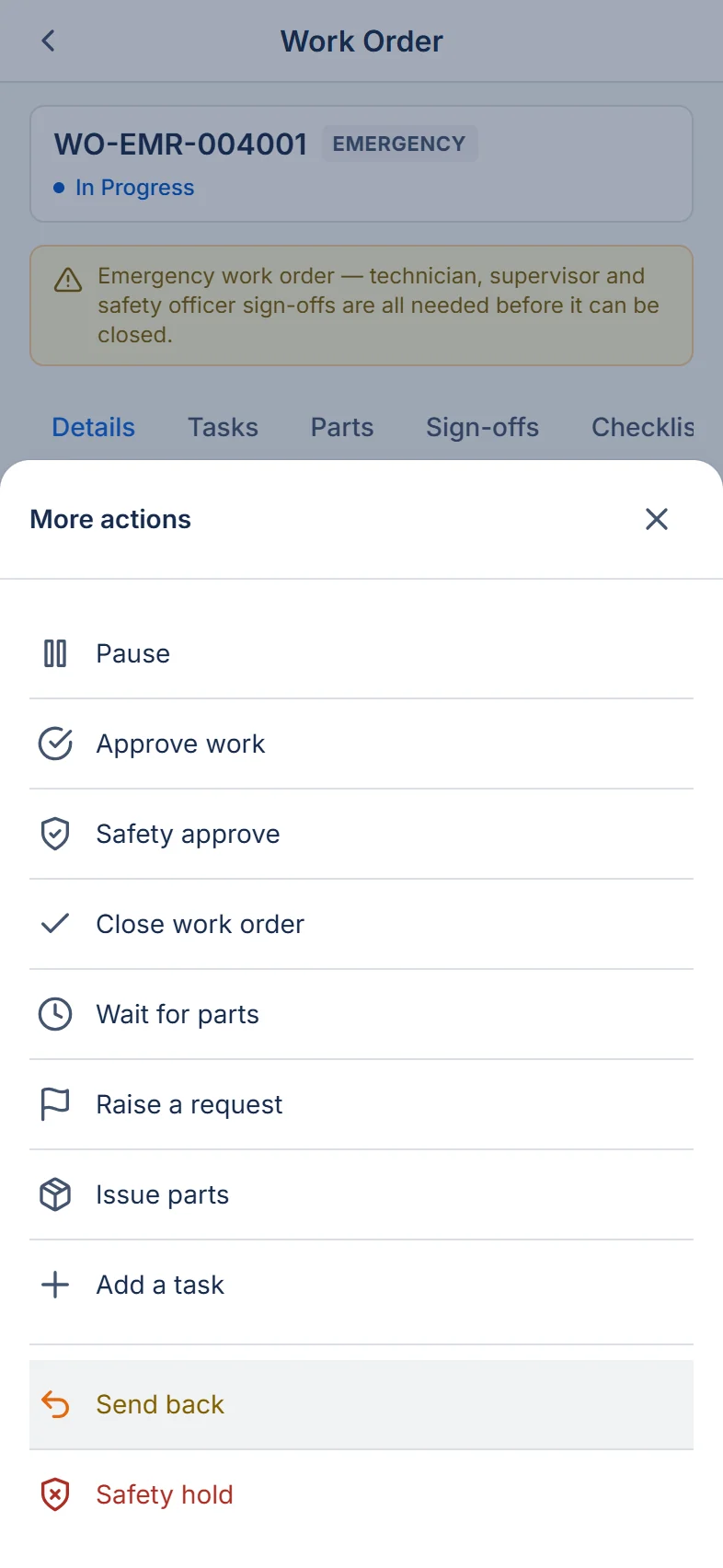 More actions sheet after: a different icon for each action, Send back in amber and Safety hold in red.