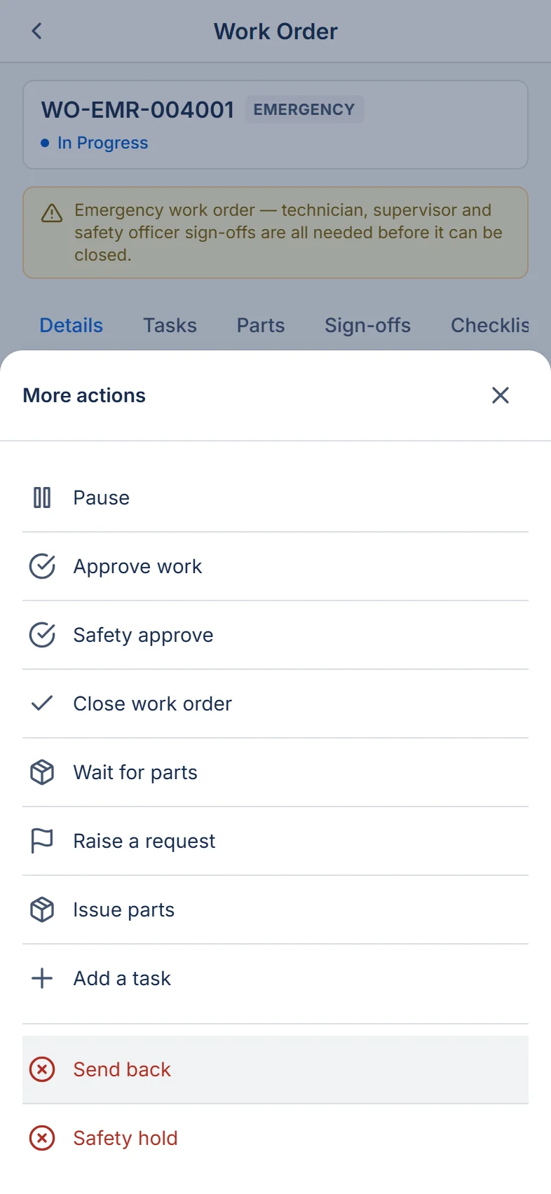 More actions sheet before: repeated ticked-circle, crossed-circle and box icons, with Send back and Safety hold both red.
