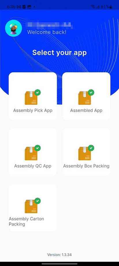 The previous WarePro handheld launcher: a blue header with a greeting, and a grid of app tiles that all use the same box icon.