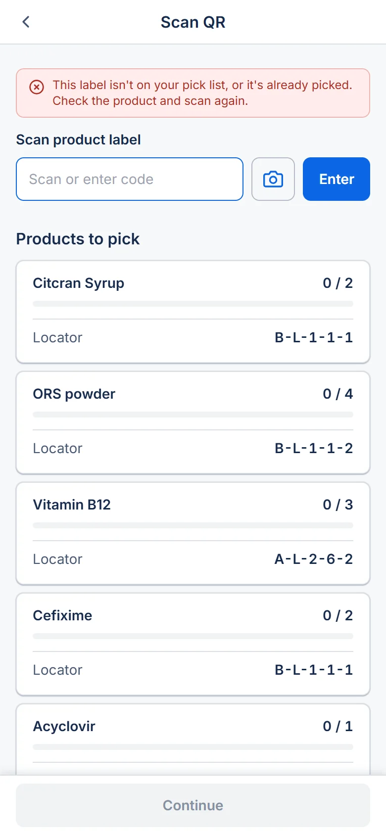 Scan screen with a red message: this label isn't on your pick list, or it's already picked. Check the product and scan again.