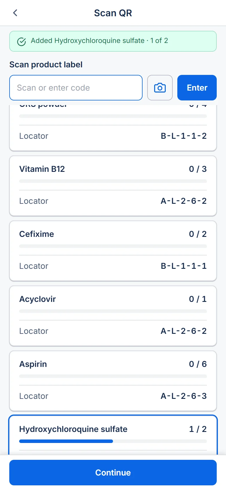 Green message “Added Hydroxychloroquine sulfate · 1 of 2”; that product's row is outlined, with its progress bar half full.