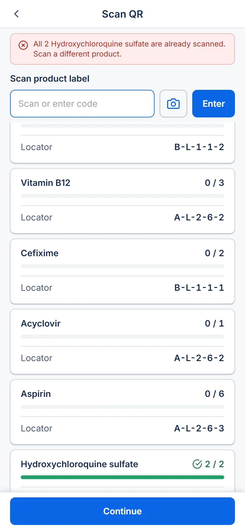 Red message: all 2 Hydroxychloroquine sulfate are already scanned. Scan a different product.