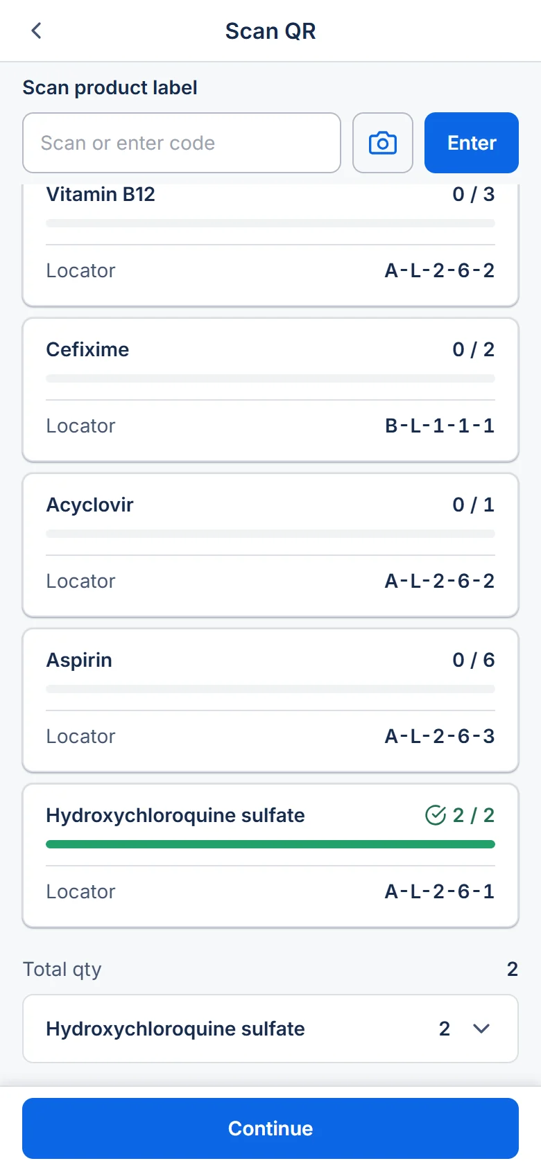 Scan list after a mis-scan was removed: Acyclovir back to 0 of 1 and the total quantity back to 2.