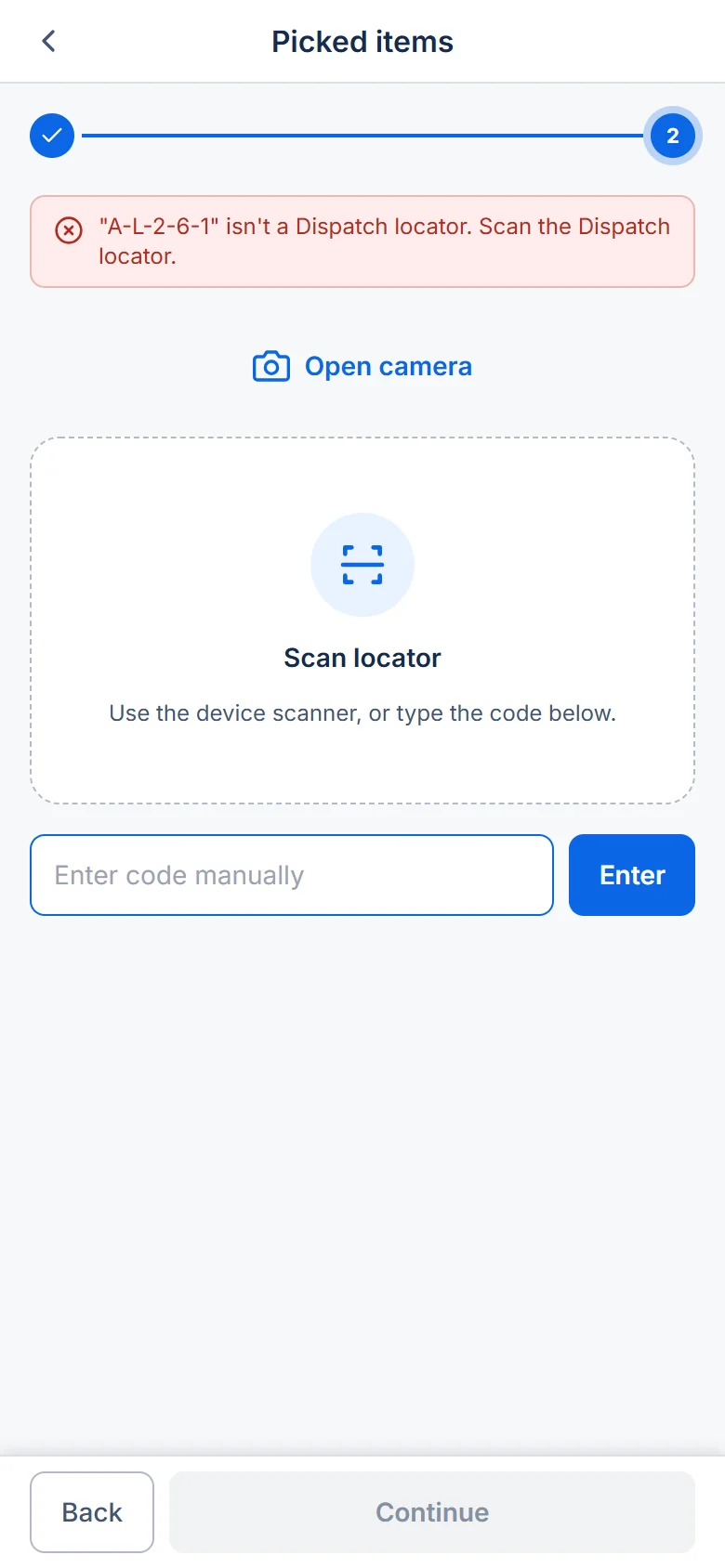 Scan locator step with a red message: A-L-2-6-1 isn't a Dispatch locator. Scan the Dispatch locator.