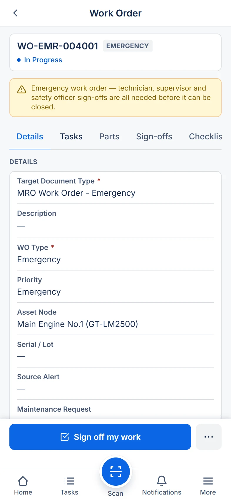 An emergency work order in PiGo: an amber banner listing the sign-offs needed to close it, the Details tab, and one blue Sign off my work button with a More button beside it.