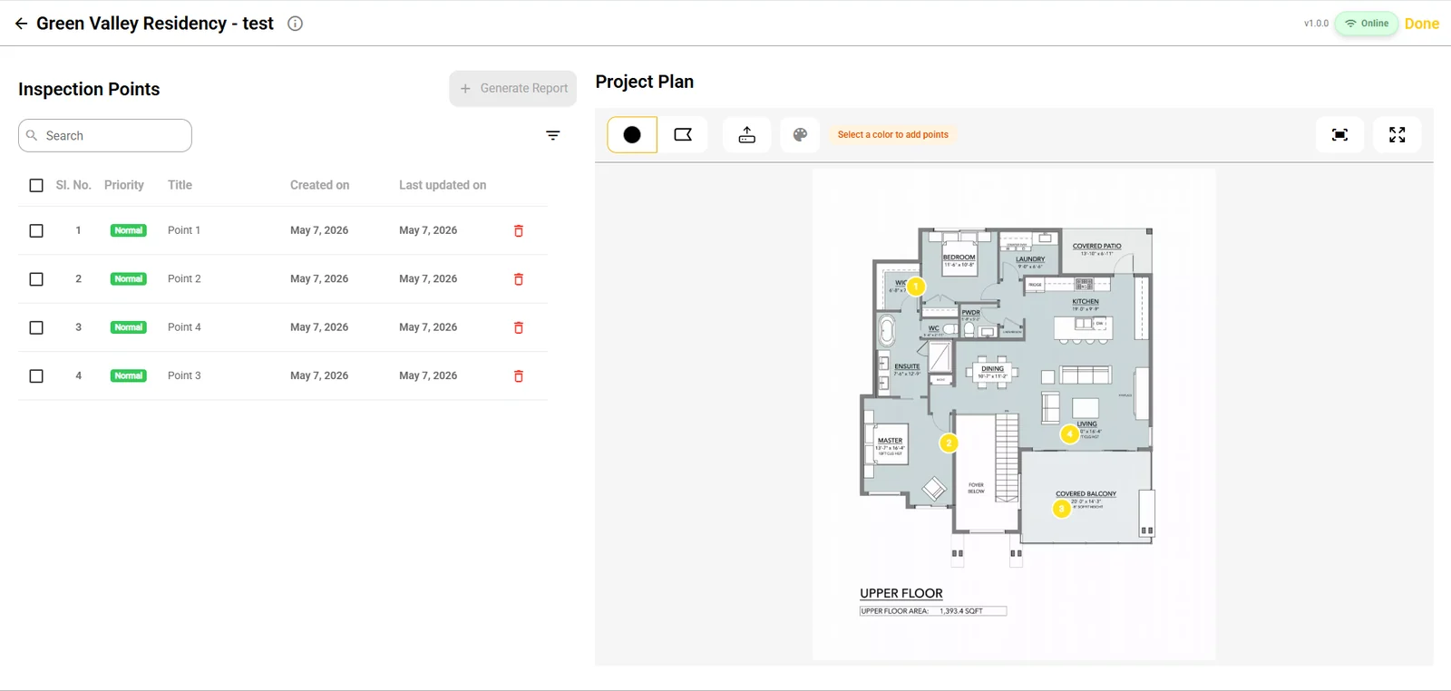 Inspection Points screen: a list of four points with Normal priority on the left, and the upper-floor plan on the right with yellow pins numbered 1 to 4.