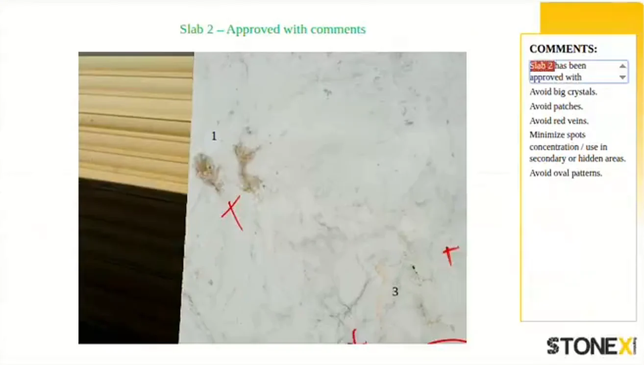 Report page titled Slab 2, approved with comments: a marble slab photo with red crosses and numbers marking defects, and a comments box listing what to avoid.