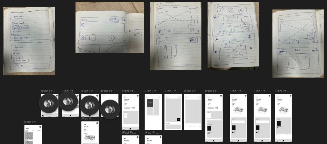 Five photographed notebook sketches of the inspection screens, above a row of grey iPad wireframes built from them.