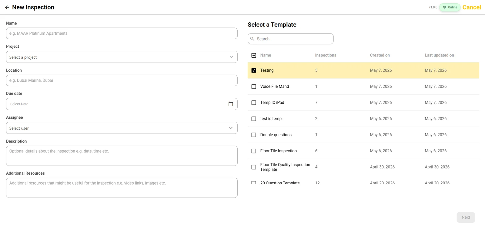 New Inspection screen: name, project, location, due date and assignee fields on the left, and a Select a Template list on the right with one template ticked.