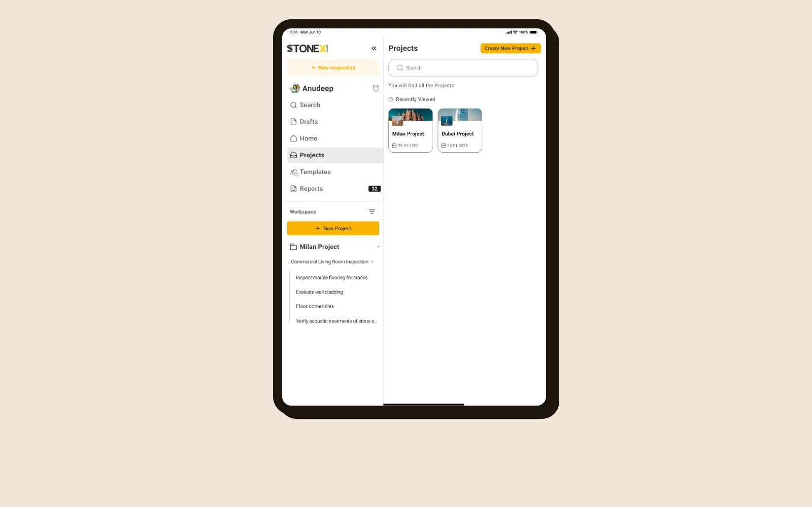 Version 1 on iPad in portrait: a sidebar with search, drafts, projects, templates and reports, a workspace tree of inspections, and recently viewed project cards.