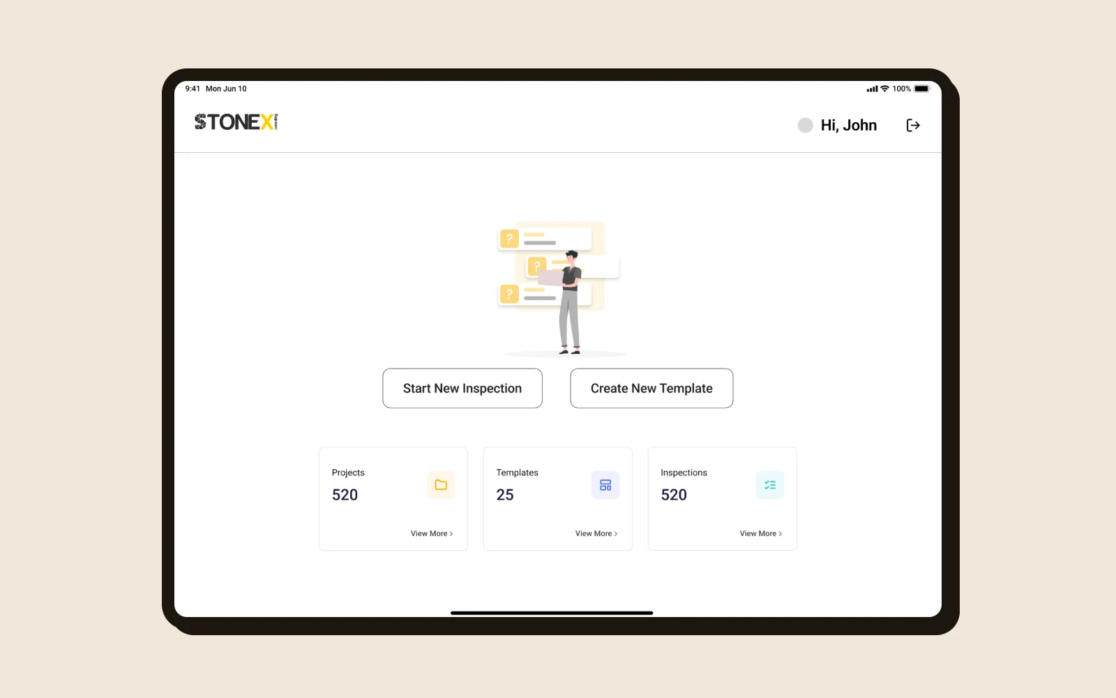 Version 2 on iPad in landscape: Start New Inspection and Create New Template buttons above cards counting projects, templates and inspections.