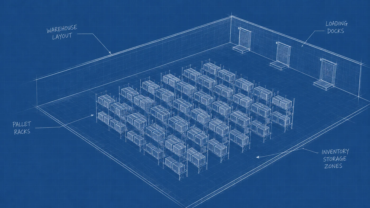 A blueprint-style isometric drawing of a warehouse with labeled loading docks, pallet racks and inventory storage zones.