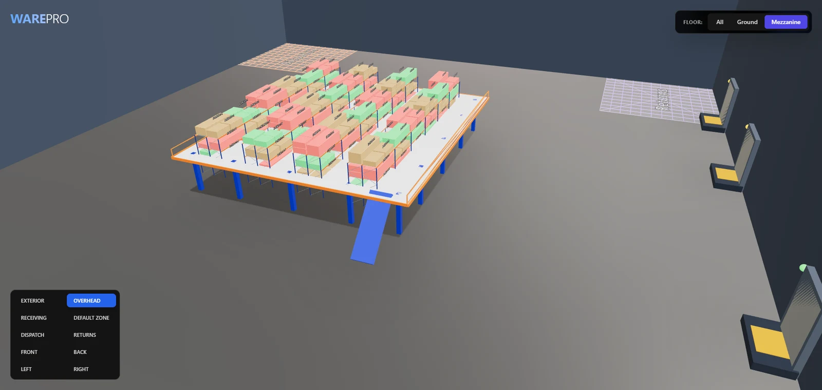 Floor toggle set to Mezzanine: only the raised platform with its own racks and access ramp is shown.