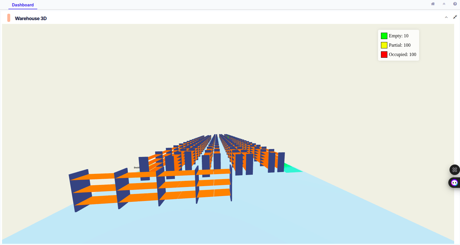 The existing Warehouse 3D view in the WarePro dashboard: flat blue racks with orange shelves over a pale floor, and a legend counting Empty, Partial and Occupied locations.