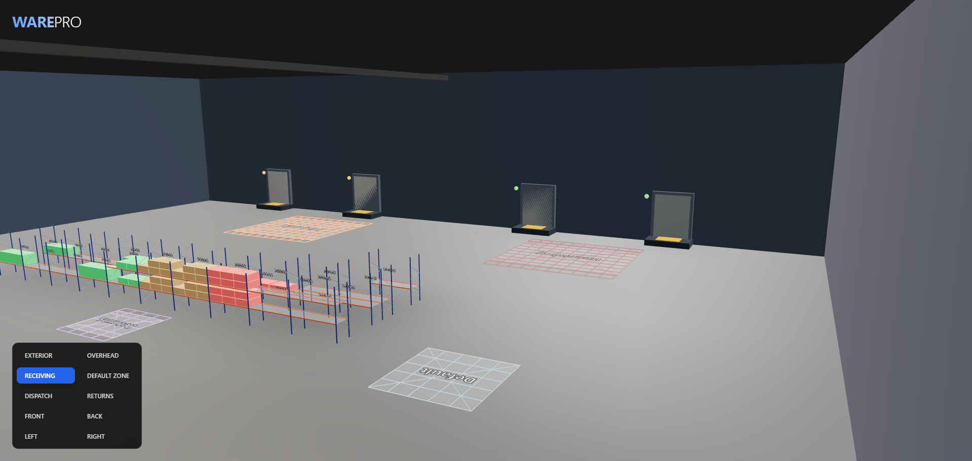 The Receiving viewpoint active: dock doors, a short row of racks and named floor zones in one view.
