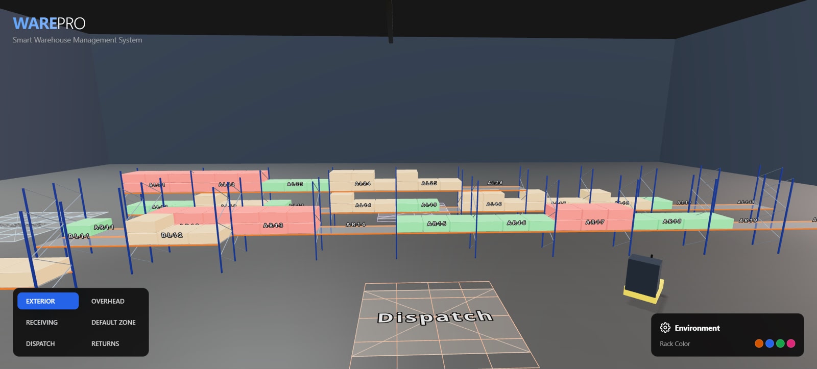 First visual-first iteration: a walled warehouse interior with realistic rack frames, labeled shelf positions, colored boxes, a Dispatch floor zone and a viewpoint panel.