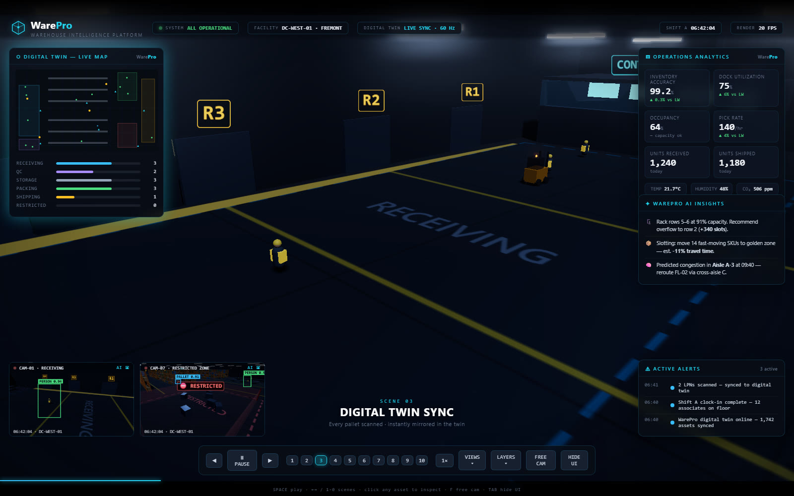 Scene 3 — “Digital Twin Sync”: every pallet scanned, instantly mirrored.