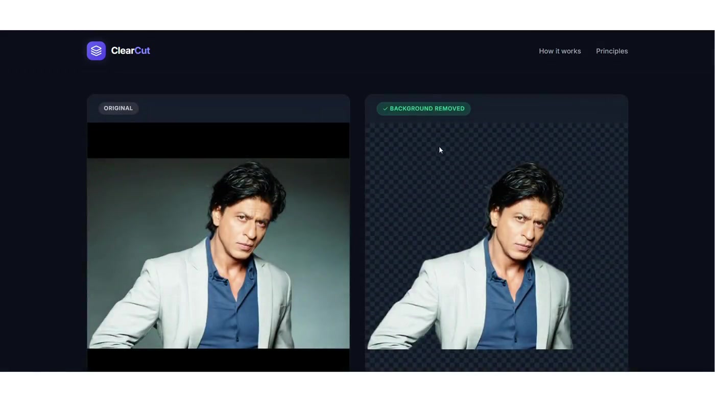 Original and background-removed, side by side — quality is judged in place.