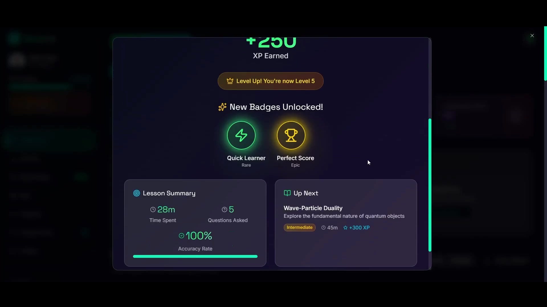 Progress rewards the learning: XP, badges, accuracy and time spent.