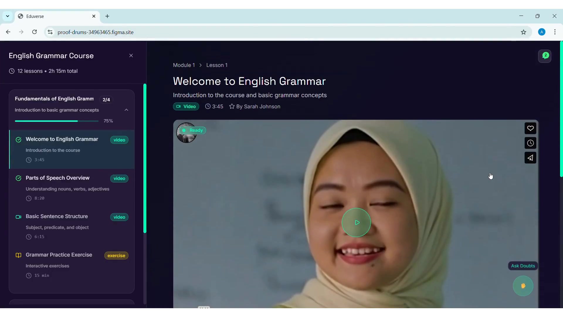 The lesson screen — syllabus, video, and an unobtrusive Ask Doubts control.