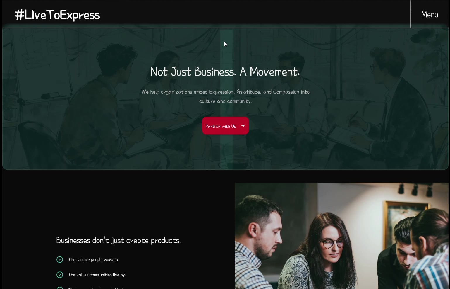 The corporate site — “Not Just Business. A Movement.” Same architecture, framed around culture, legacy and measurable impact.