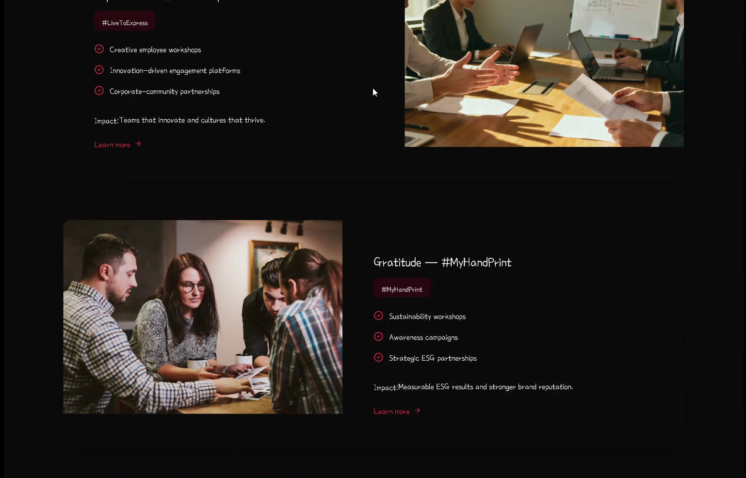 Corporate services — the same pillars as workshops, ESG and CSR partnerships.