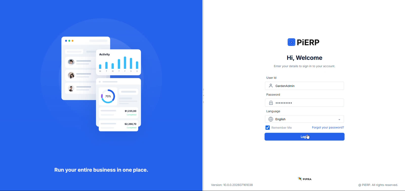 Login — after: PiERP identity, Atlassian form patterns.