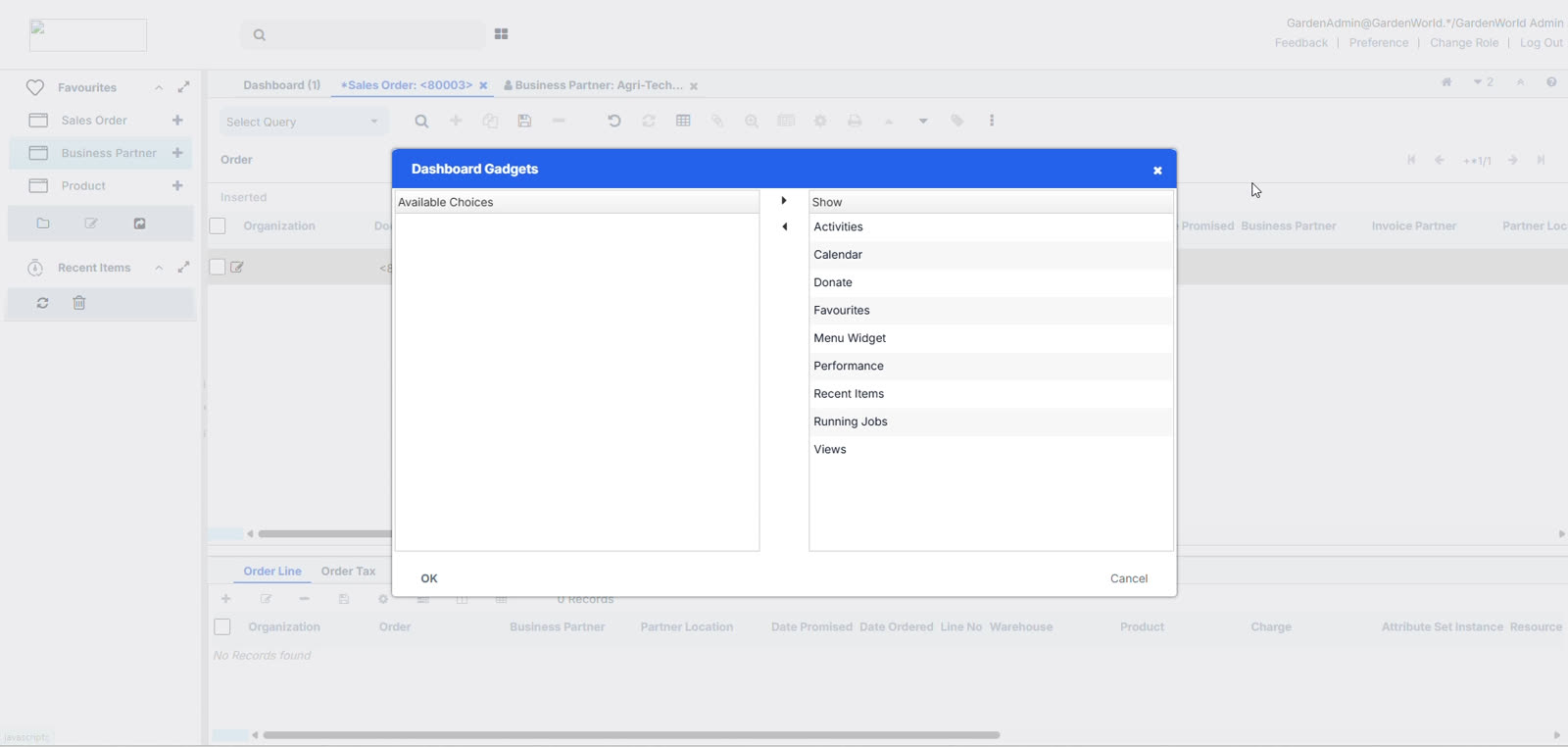 Dashboard gadget modal — before.