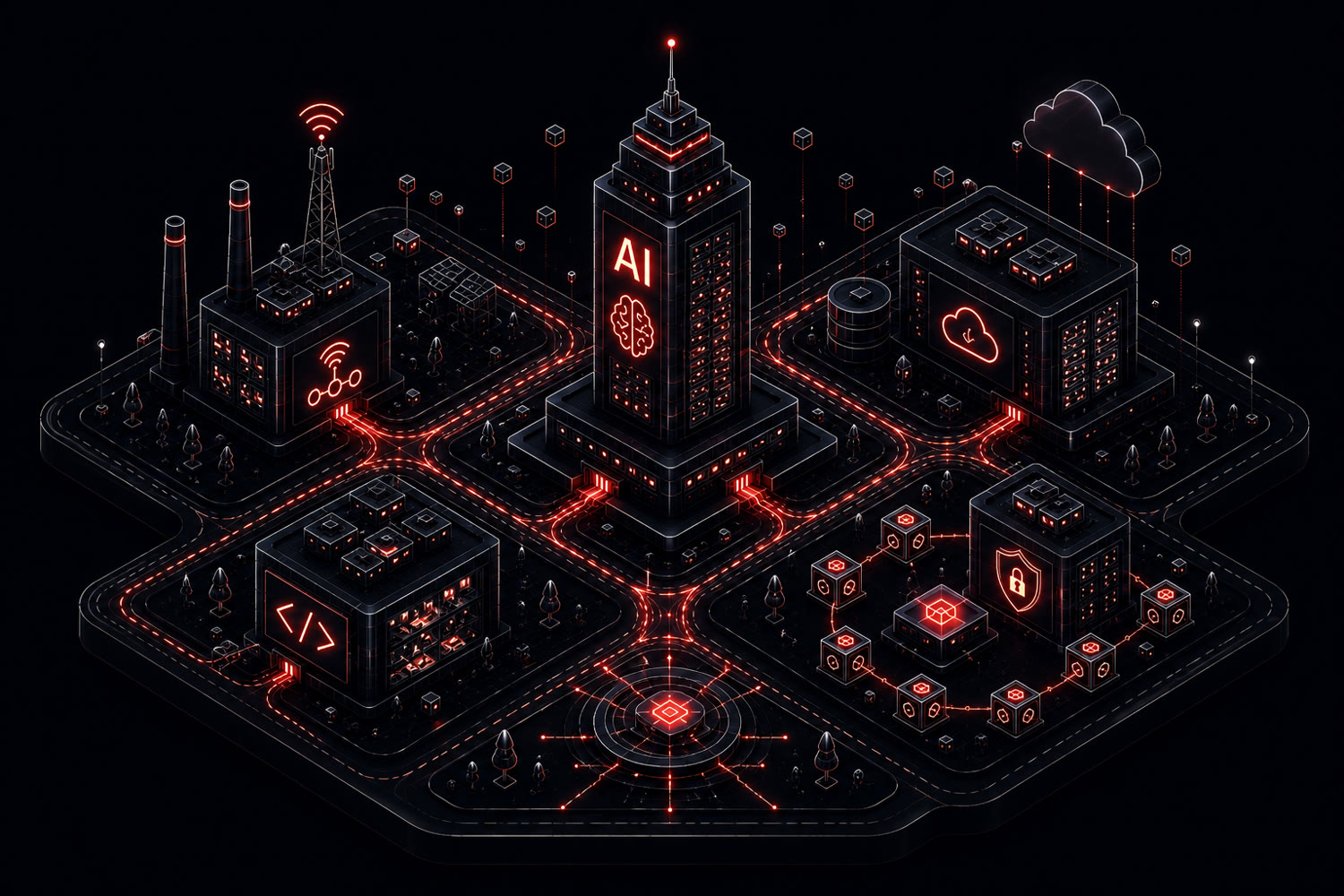 First AI-generated pass — the blueprint's idea rendered as a city, before the detail passes.