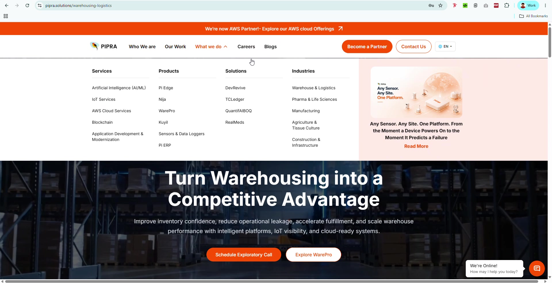The mega-menu — Services, Products, Solutions and Industries as four parallel entry points, so a visitor navigates by whichever one matches how they're thinking.