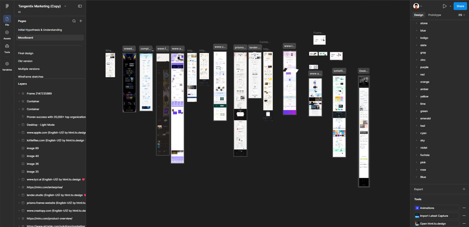 The moodboard — pulling from Apple, Lottiefiles, Miro, Airtable, lander.studio and others, to find a visual language that reads as a serious product rather than an AI startup template.
