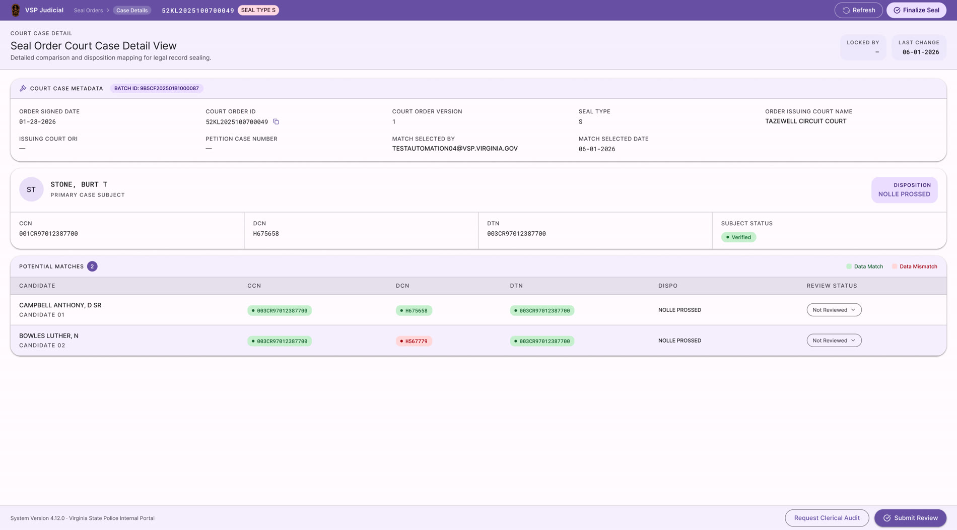 Direction 2 — the judicial-purple system, order weighed against each match.